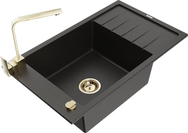 Mexen Elias Granitspüle 1-Becken mit Abtropffläche und Küchenarmatur Rita, schwarz/gold metallic - 6511-75-670300-50