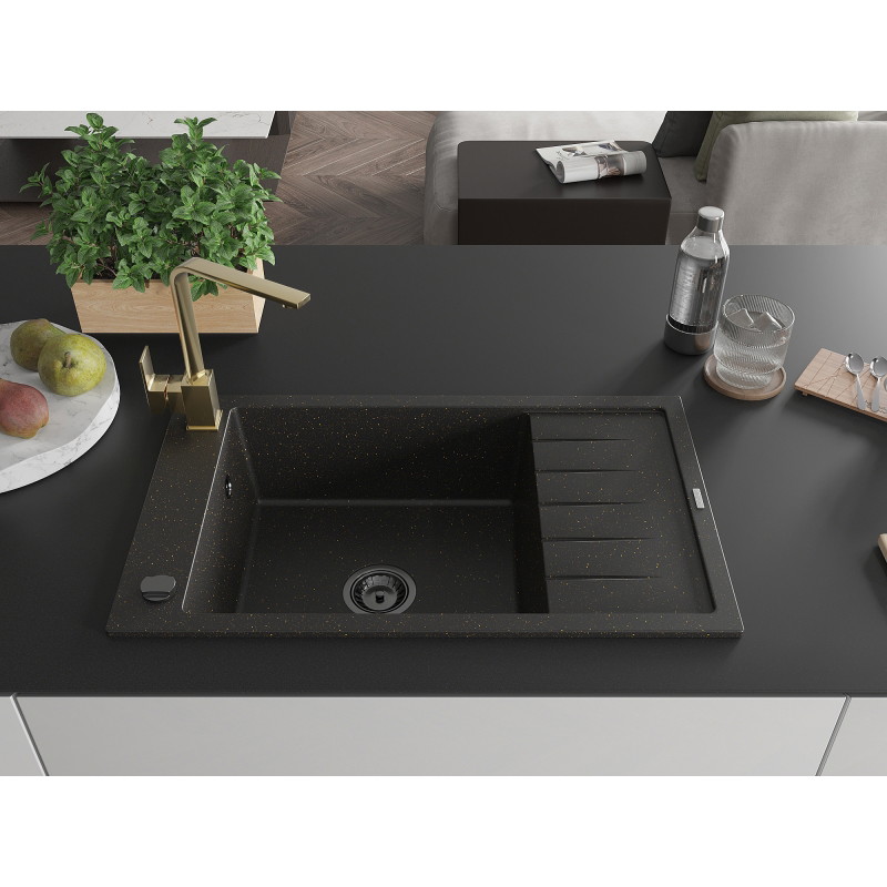 Mexen Elias fregadero de granito de 1 senos con escurridor y grifo de cocina Rita, negro/oro metálico - 6511-75-670300-50-B