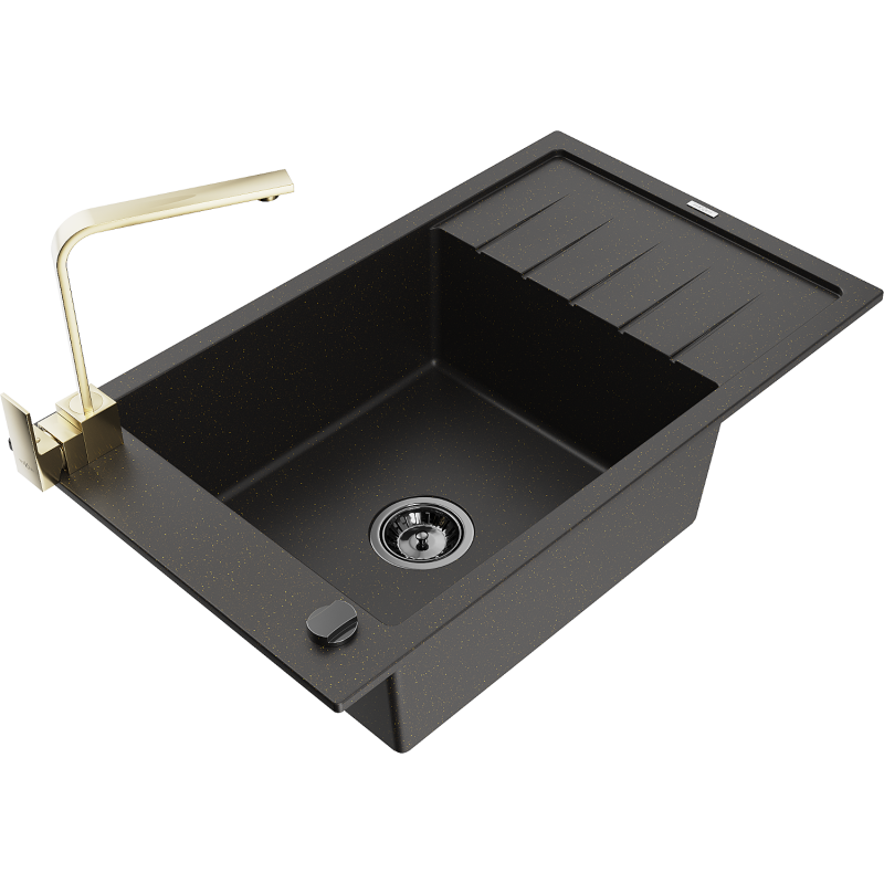 Mexen Elias 1-bowl granite sink with drainer and Rita kitchen tap, black/gold metallic - 6511-75-670300-50-B