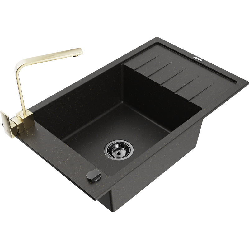 Mexen Elias évier en granit 1 bac avec égouttoir et mitigeur de cuisine Rita, noir/or métallisé - 6511-75-670300-50-B
