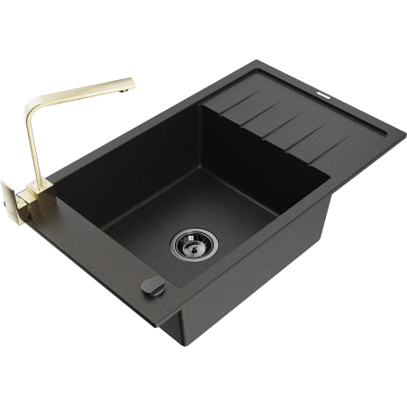 Mexen Elias 1-bowl granite sink with drainer and Rita kitchen tap, black/gold metallic - 6511-75-670300-50-B