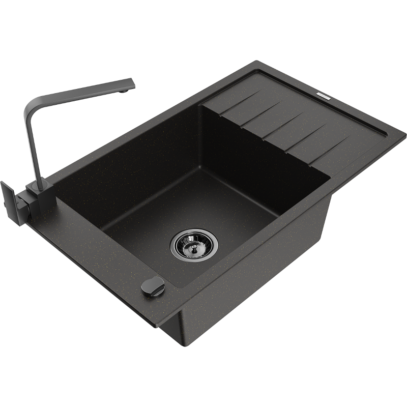 Mexen Elias 1-bowl granite sink with drainer and Rita kitchen tap, black/gold metallic - 6511-75-670300-70-B