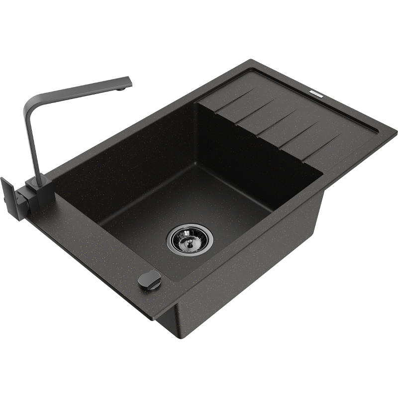 Mexen Elias granieten gootsteen 1-kamer met afdruiprek en keukenmengkraan Rita, zwart/gouden metallic - 6511-75-670300-70-B