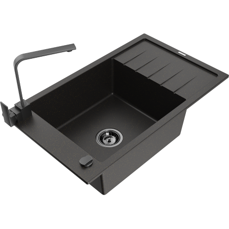 Mexen Elias 1-Bowl Granite Sink with Drainer and Kitchen Faucet Rita, Black/Gold Metallic - 6511-75-670300-70-B