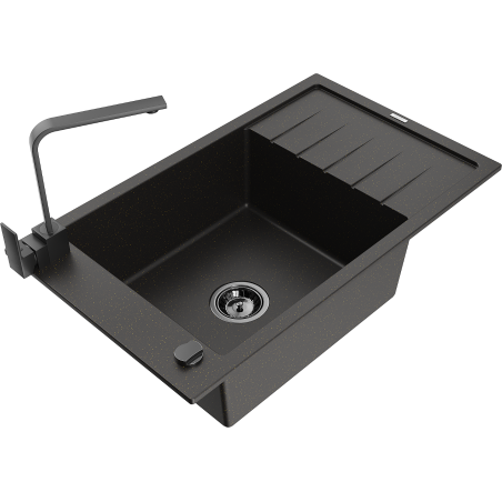 Mexen Elias 1-bowl granite sink with drainer and Rita kitchen tap, black/gold metallic - 6511-75-670300-70-B
