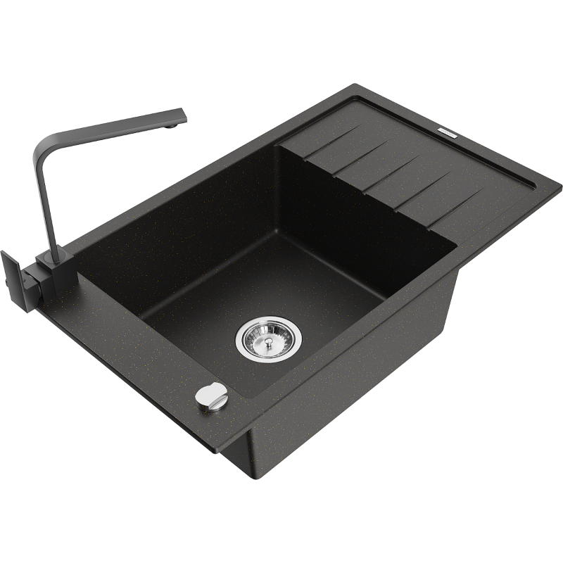 Mexen Elias fregadero de granito de 1 seno con escurridor y grifo de cocina Rita, negro/dorado metálico - 6511-75-670300-70