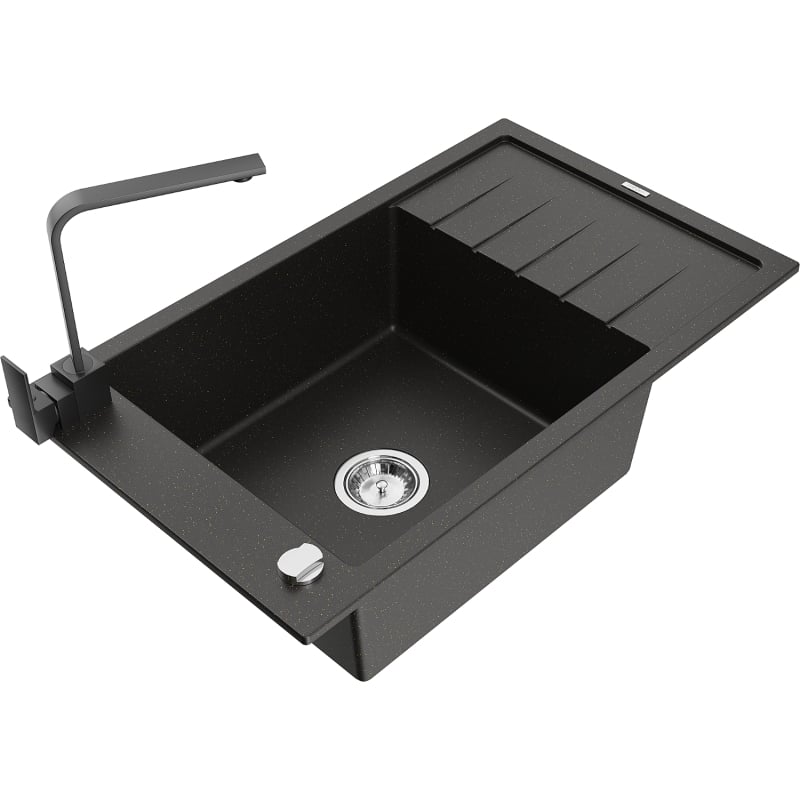 Mexen Elias granite single-bowl sink with drainer and kitchen faucet Rita, black/gold metallic - 6511-75-670300-70