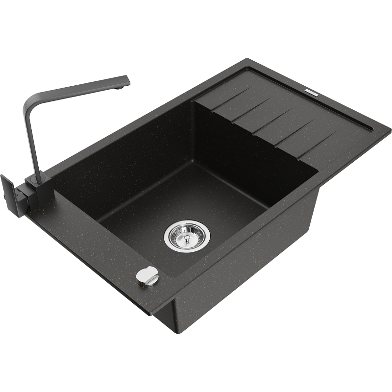Mexen Elias granite sink 1-bowl with drainer and Rita kitchen tap, black/gold metallic - 6511-75-670300-70