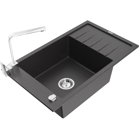 Mexen Elias 1-Bowl Granite Sink with Drainer and Rita Kitchen Tap, Black Speckled - 6511-76-670300-00