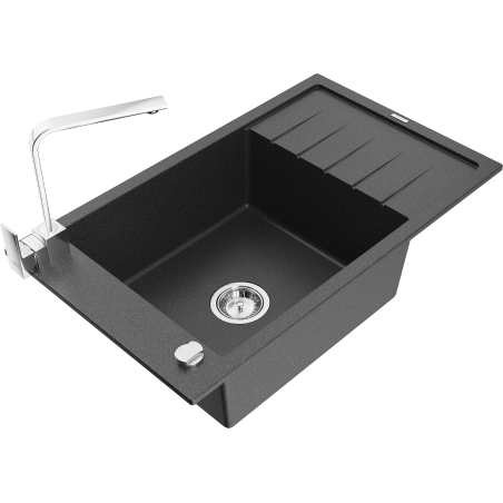 Mexen Elias granite sink 1-bowl with drainer and kitchen faucet Rita, speckled black - 6511-76-670300-00