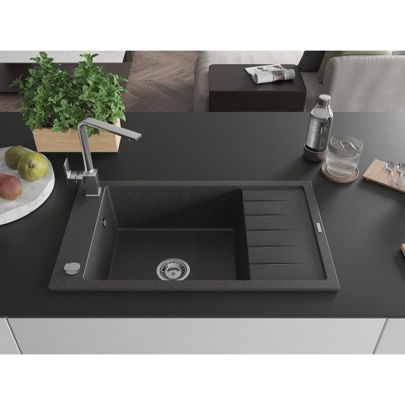 Mexen Elias 1-Bowl Granite Sink with Drainer and Rita Kitchen Tap, Black Speckled - 6511-76-670300-00