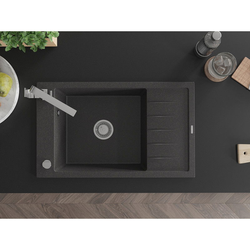 Mexen Elias 1-Bowl Granite Sink with Drainer and Rita Kitchen Tap, Black Speckled - 6511-76-670300-00