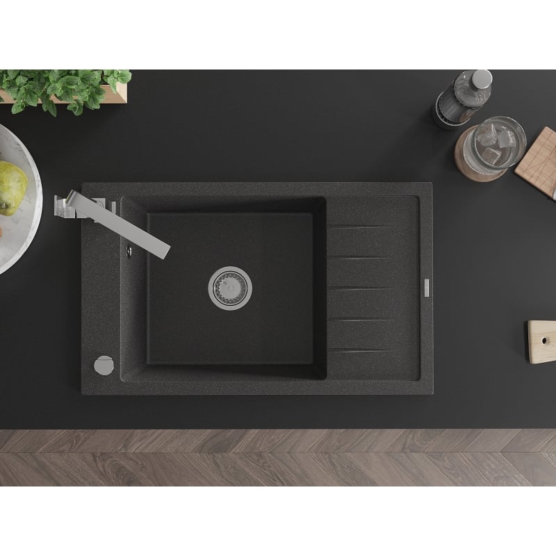Mexen Elias granite sink 1-bowl with drainer and kitchen faucet Rita, speckled black - 6511-76-670300-00