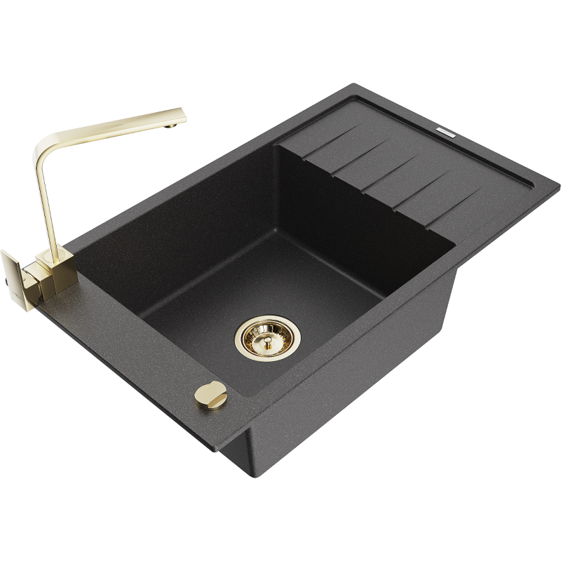 Mexen Elias fregadero de granito de 1 seno con escurridor y grifo de cocina Rita, negro moteado - 6511-76-670300-50