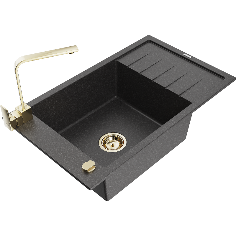 Mexen Elias granite sink 1-bowl with drainer and Rita kitchen tap, black speckled - 6511-76-670300-50