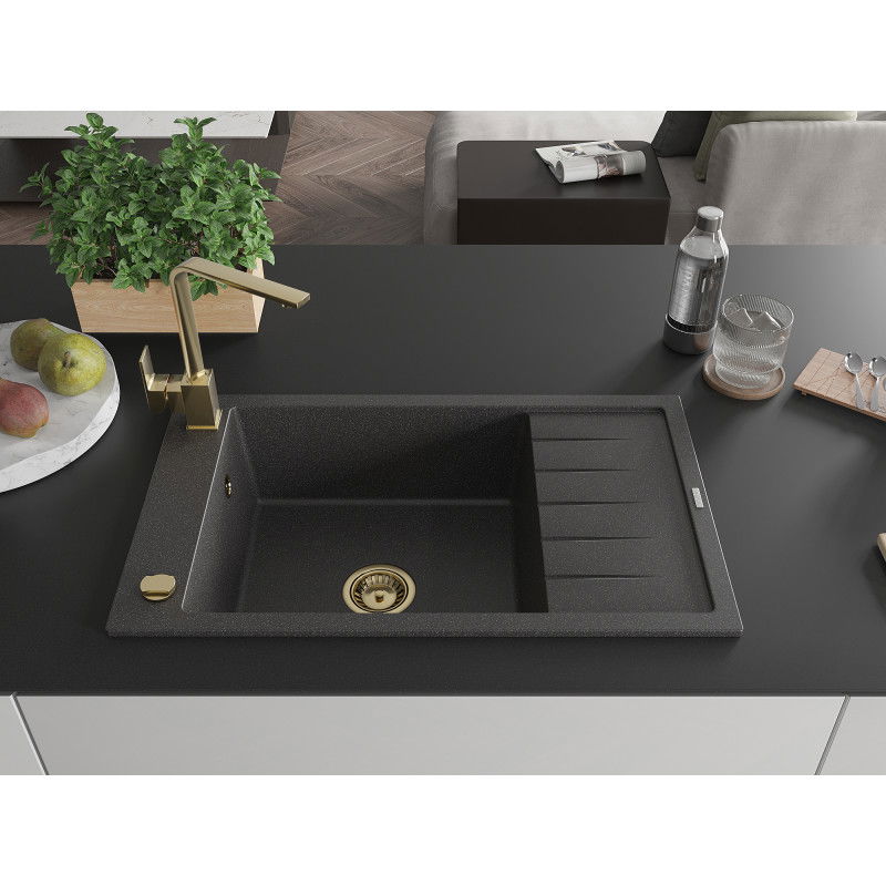 Mexen Elias granite sink 1-bowl with drainer and Rita kitchen tap, black speckled - 6511-76-670300-50