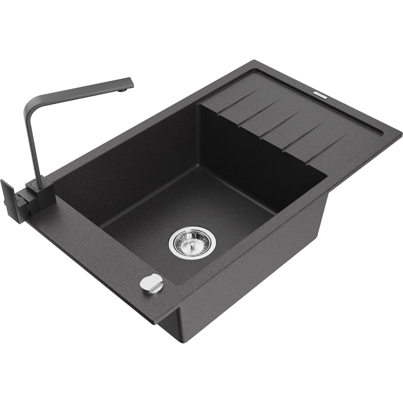 Mexen Elias granite sink 1-bowl with drainer and Rita kitchen tap, spotted black - 6511-76-670300-70