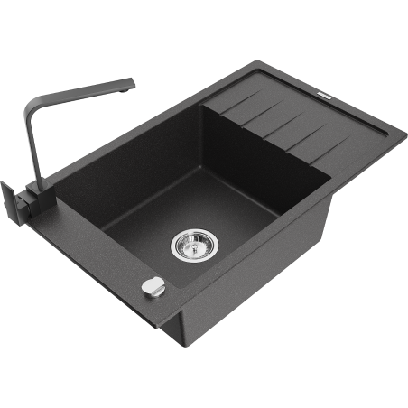 Mexen Elias évier en granit 1 bac avec égouttoir et mitigeur cuisine Rita, noir moucheté - 6511-76-670300-70
