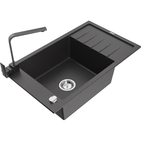 Mexen Elias granite sink 1-bowl with drainer and Rita kitchen tap, spotted black - 6511-76-670300-70