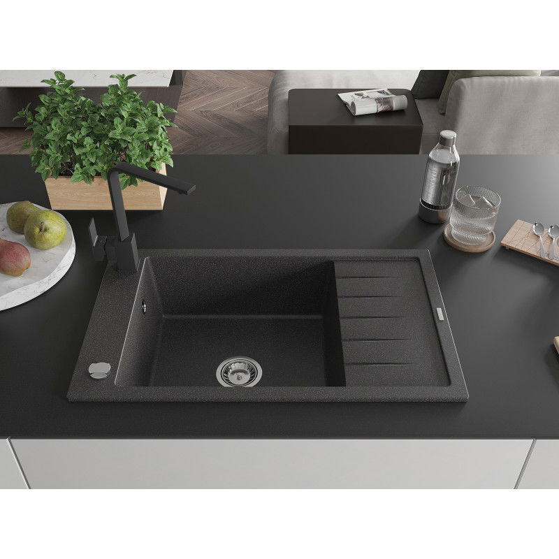 Mexen Elias granite sink 1-bowl with drainer and Rita kitchen tap, spotted black - 6511-76-670300-70