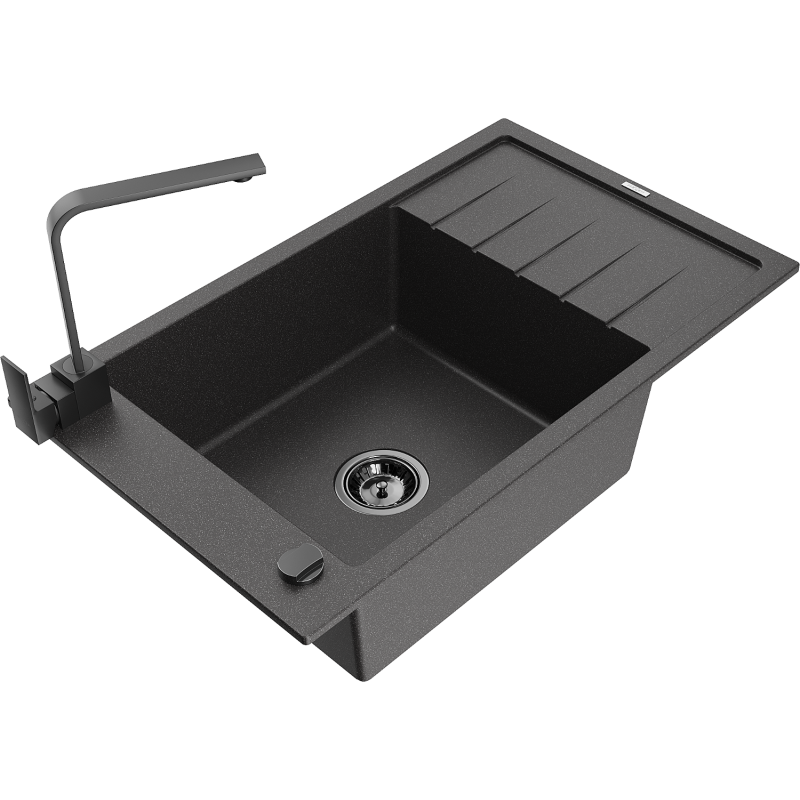 Mexen Elias granite sink 1-bowl with drainer and kitchen tap Rita, black speckled - 6511-76-670300-70-B