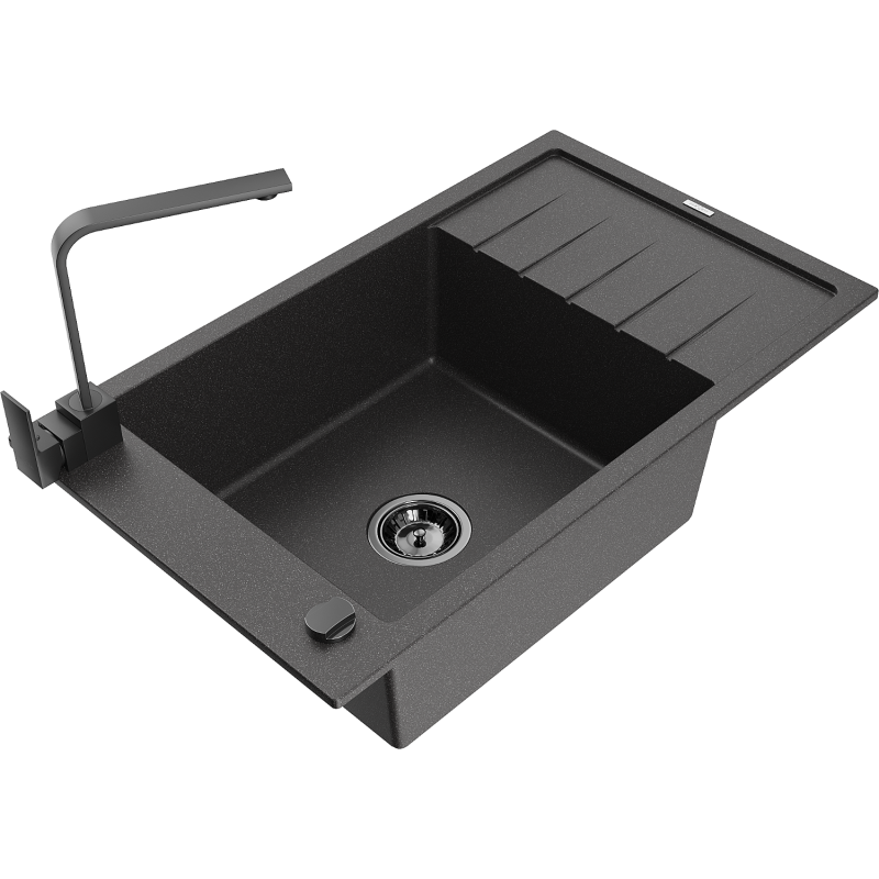 Mexen Elias lava-louça de granito de uma cuba com escorredor e torneira de cozinha Rita, preto salpicado - 6511-76-670300-70-B