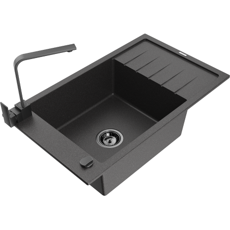 Mexen Elias granite kitchen sink 1-bowl with drainer and kitchen faucet Rita, black speckled - 6511-76-670300-70-B