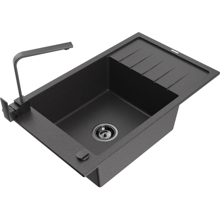 Mexen Elias granite sink 1-bowl with drainer and kitchen tap Rita, black speckled - 6511-76-670300-70-B