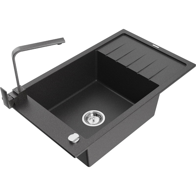 Mexen Elias fregadero de granito de 1 seno con escurridor y grifo de cocina Rita, negro moteado - 6511-76-670300-76