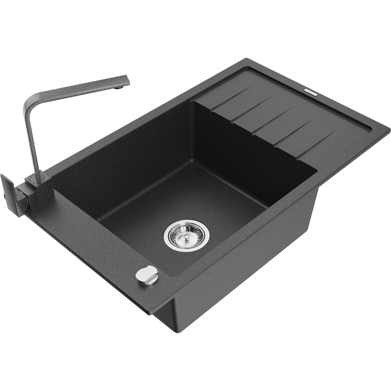 Mexen Elias granite sink single-bowl with drainer and kitchen tap Rita, speckled black - 6511-76-670300-76
