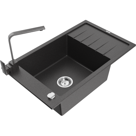 Mexen Elias granite sink single-bowl with drainer and kitchen tap Rita, speckled black - 6511-76-670300-76