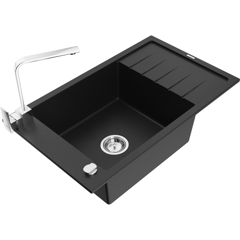 Mexen Elias granite kitchen sink 1-bowl with drainer and Rita kitchen tap, black - 6511-77-670300-00