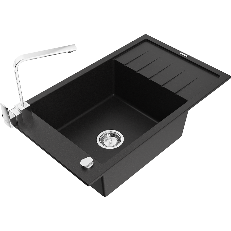 Mexen Elias lava-loiça de granito de 1 bacia com escorredor e torneira de cozinha Rita, preto - 6511-77-670300-00