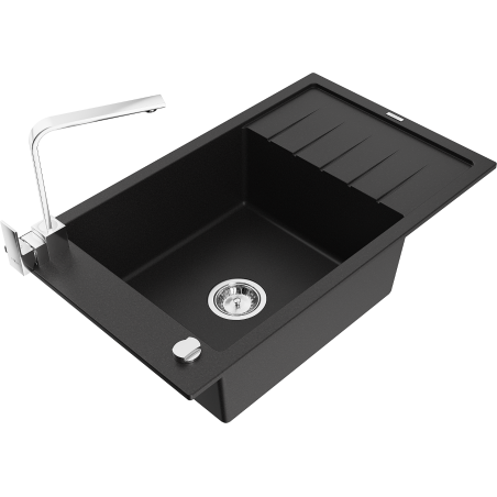 Mexen Elias granite kitchen sink 1-bowl with drainer and Rita kitchen tap, black - 6511-77-670300-00