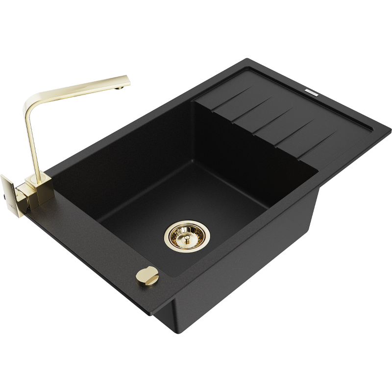 Mexen Elias lava-loiça de granito de 1 cuba com escorredor e torneira de cozinha Rita, preto - 6511-77-670300-50