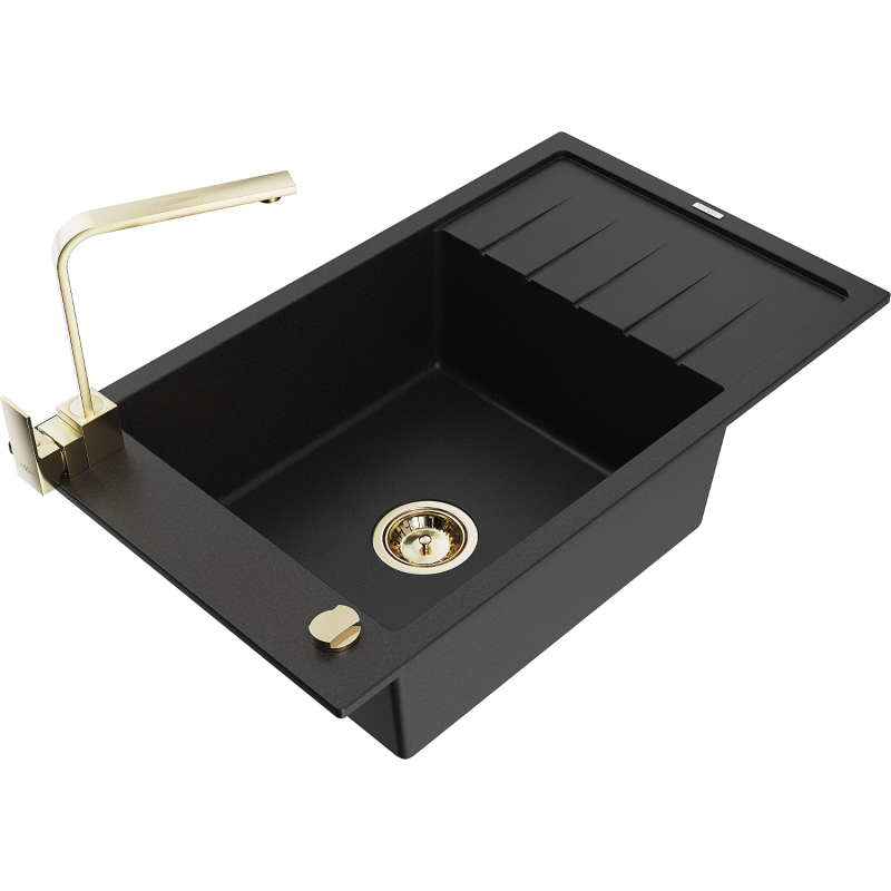 Mexen Elias lavello in granito con 1 vasca, scolapiatti e miscelatore cucina Rita, nero - 6511-77-670300-50
