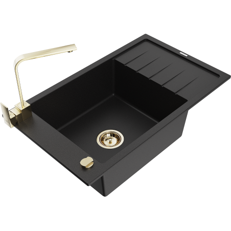 Mexen Elias granite sink 1-bowl with drainer and Rita kitchen tap, black - 6511-77-670300-50