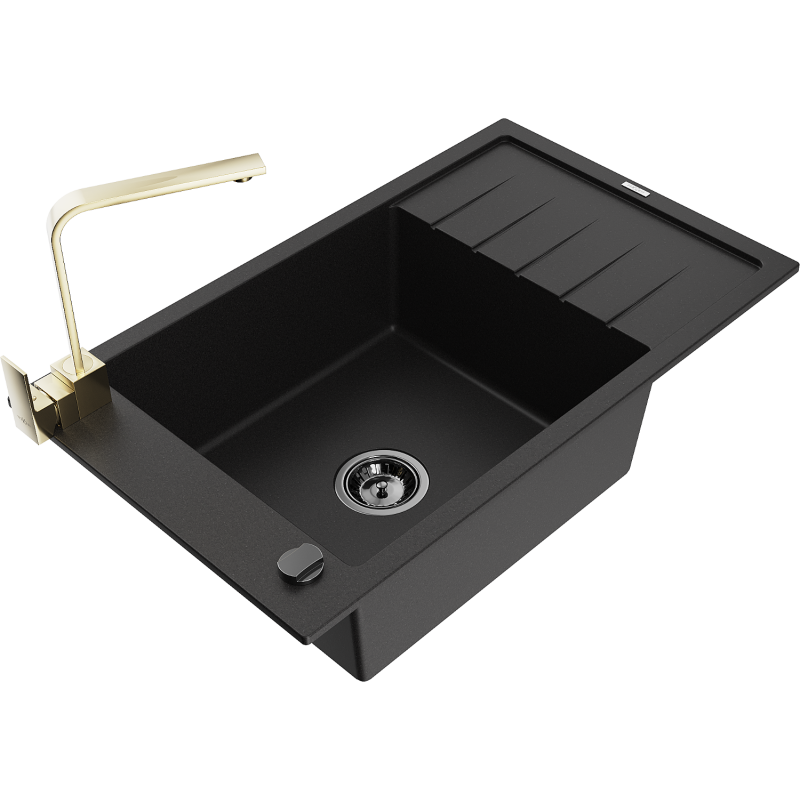 Mexen Elias 1-bowl granite sink with drainer and Rita kitchen tap, black - 6511-77-670300-50-B