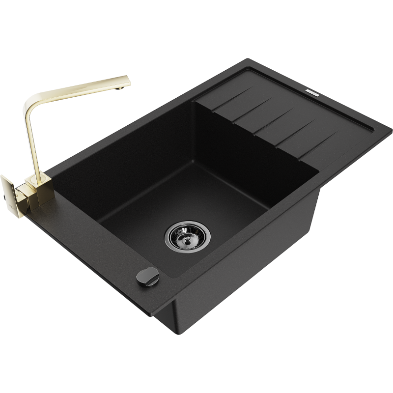 Mexen Elias lava-loiça em granito de 1 bacia com escorredor e torneira de cozinha Rita, preto - 6511-77-670300-50-B