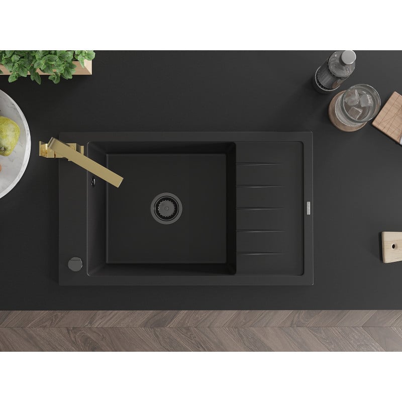 Mexen Elias fregadero de granito de 1 cubeta con escurridor y grifo de cocina Rita, negro - 6511-77-670300-50-B