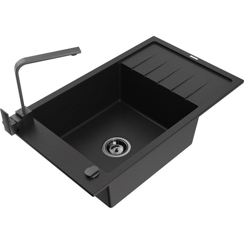 Mexen Elias granite sink 1-bowl with drainer and Rita kitchen tap, black - 6511-77-670300-70-B