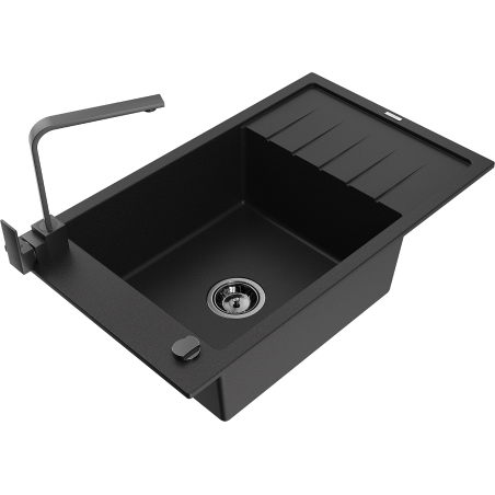 Mexen Elias granite sink 1-bowl with drainer and Rita kitchen tap, black - 6511-77-670300-70-B