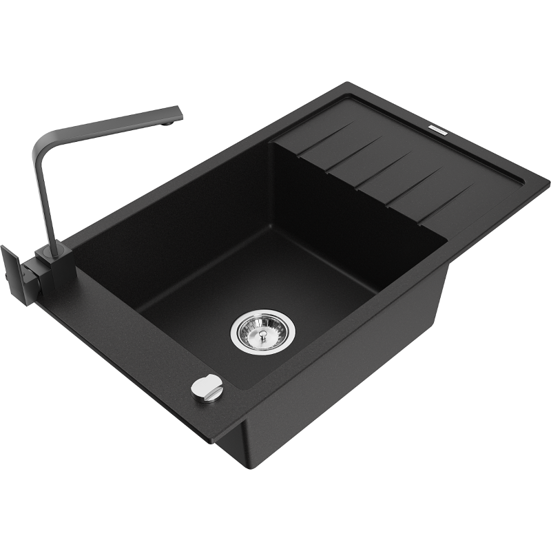 Mexen Elias granite sink 1-bowl with drainer and kitchen tap Rita, black - 6511-77-670300-70