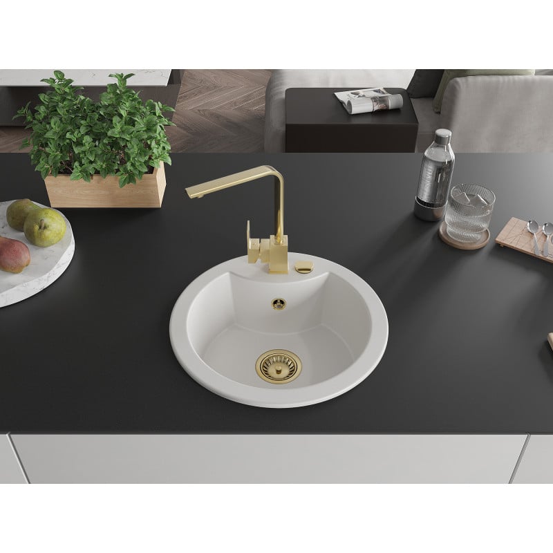 Mexen Diego 1-Bowl Granite Kitchen Sink with Rita Kitchen Tap, White - 6512-20-670300-50