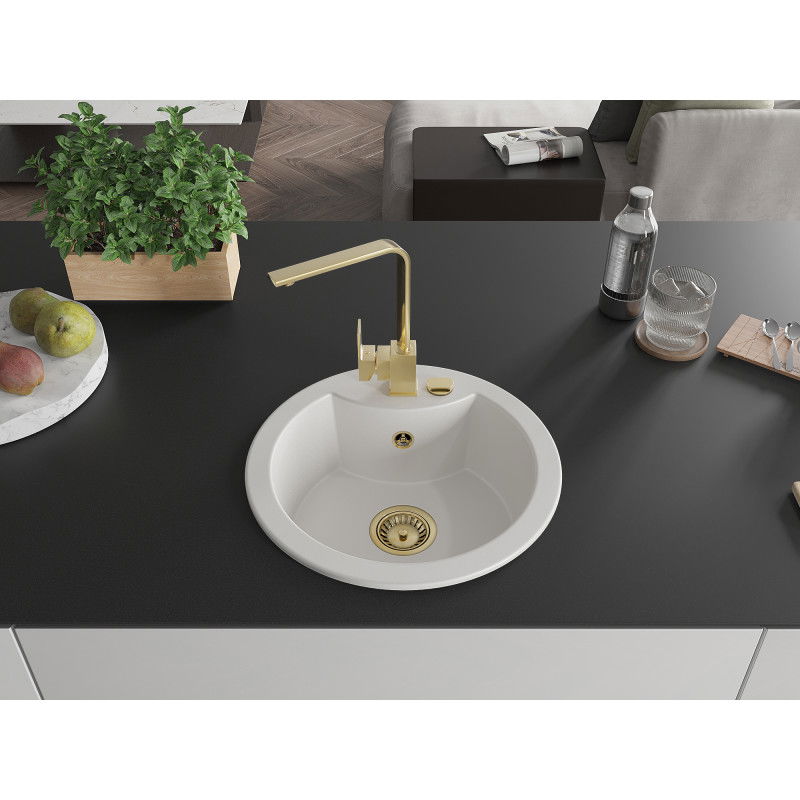 Mexen Diego granieten spoelbak met 1 bak en keukenmengkraan Rita, wit - 6512-20-670300-50