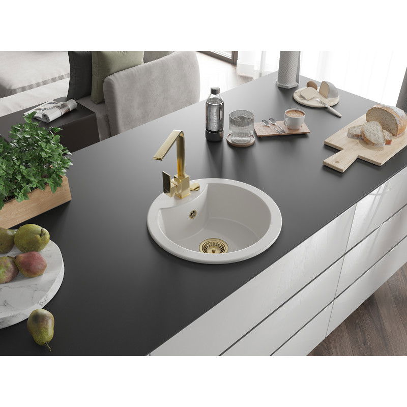 Mexen Diego 1-Bowl Granite Kitchen Sink with Rita Kitchen Tap, White - 6512-20-670300-50