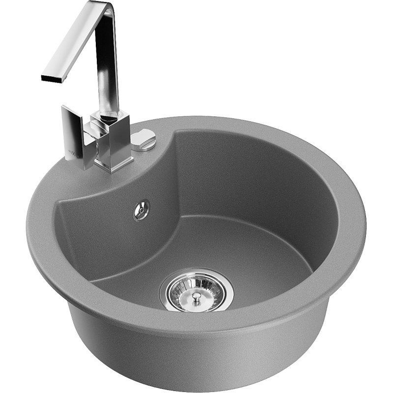 Mexen Diego lava-louça de granito 1-cuba com misturadora de cozinha Rita, cinza - 6512-71-670300-00