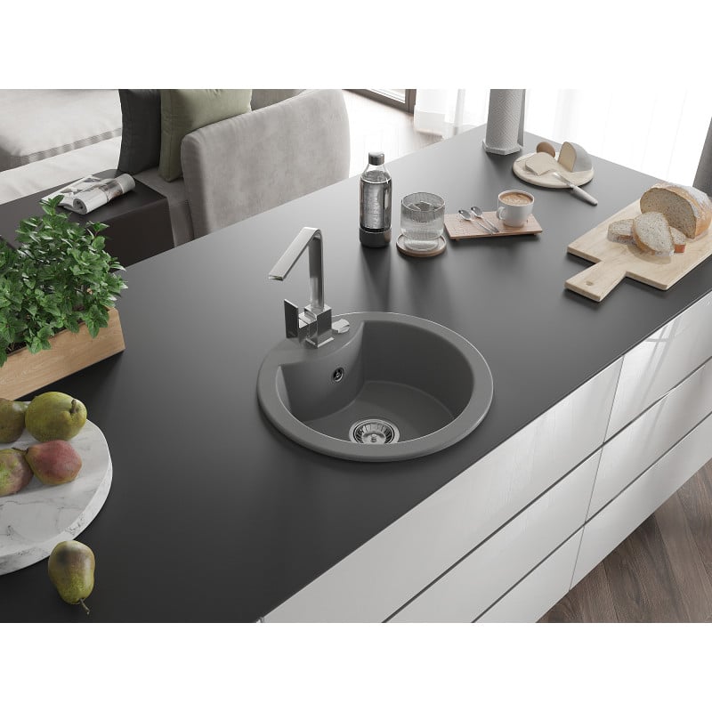 Mexen Diego 1-bowl granite sink with Rita kitchen tap, grey - 6512-71-670300-00