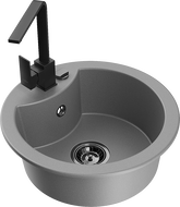 Mexen Diego granieten spoelbak met 1 bak en Rita keukenmengkraan, grijs - 6512-71-670300-70-B