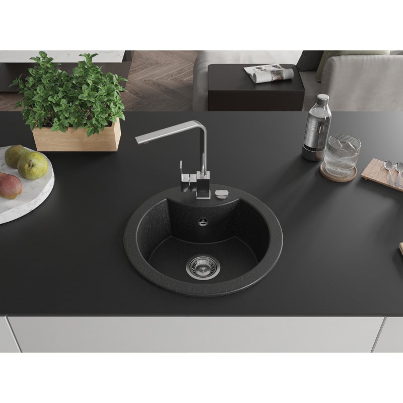 Mexen Diego 1-bowl granite kitchen sink with Rita tap, black/silver metallic - 6512-73-670300-00